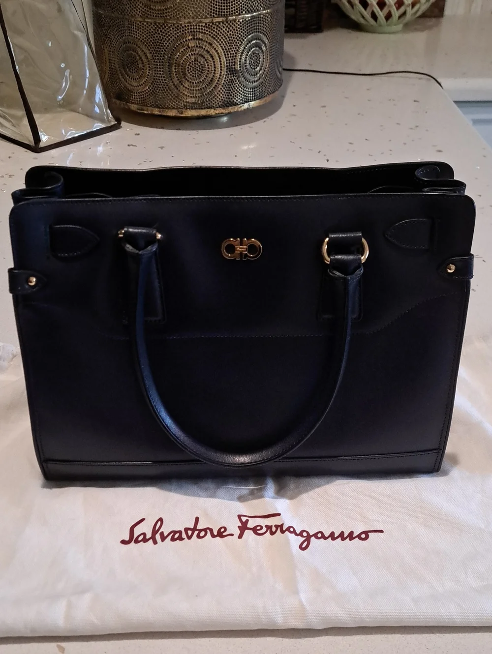 Salvatore Ferragamo Navy Leather Briana Bag with Gold Hardware